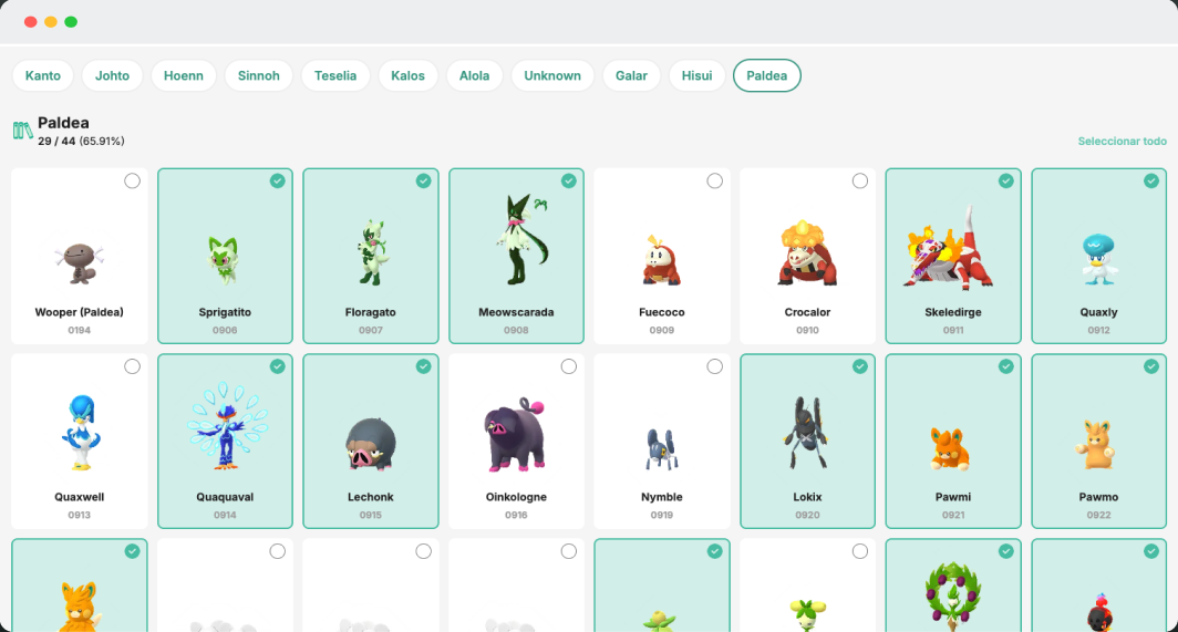 Preview of a Pokémon collection in the GoDex interface
