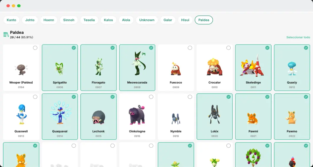 Preview of a Pokémon collection in the GoDex interface